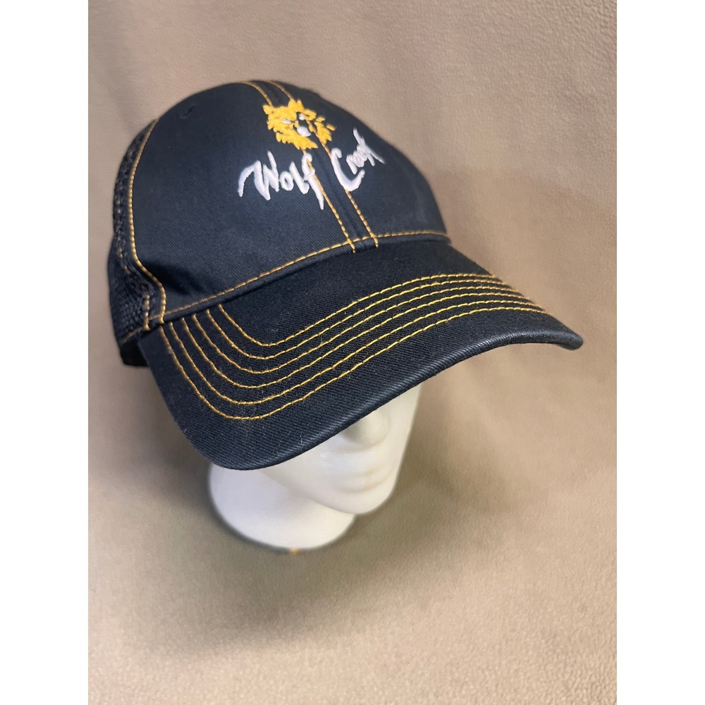 Wolf Creek Black Trucker Hat Gold Contrast Stitch Embroidered Wolf Logo Cap
